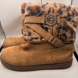 G by Guess Tan Faux-Suede Ankle Boots with Leopard Faux-Fur Cuff